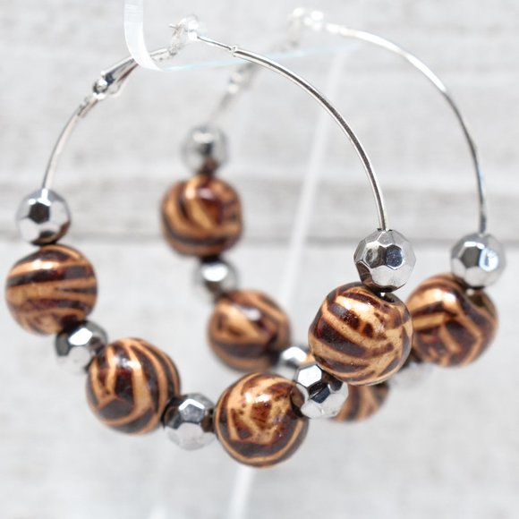 2" Zebra Print Wood Beads Leverback Hoop Earrings - Picture 2 of 12